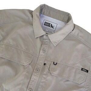 Eddie Bauer Mens Medium Tan Ripstop Short Sleeve Fishing Hiking Utility Shirt